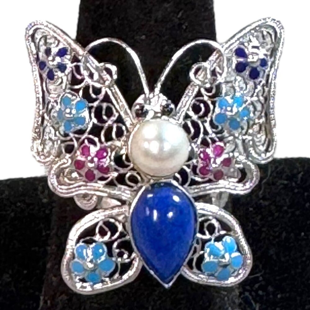 Butterfly Enamel Sterling Silver Ring Lapis Lazuli Pearl Accents Cloisonne 925